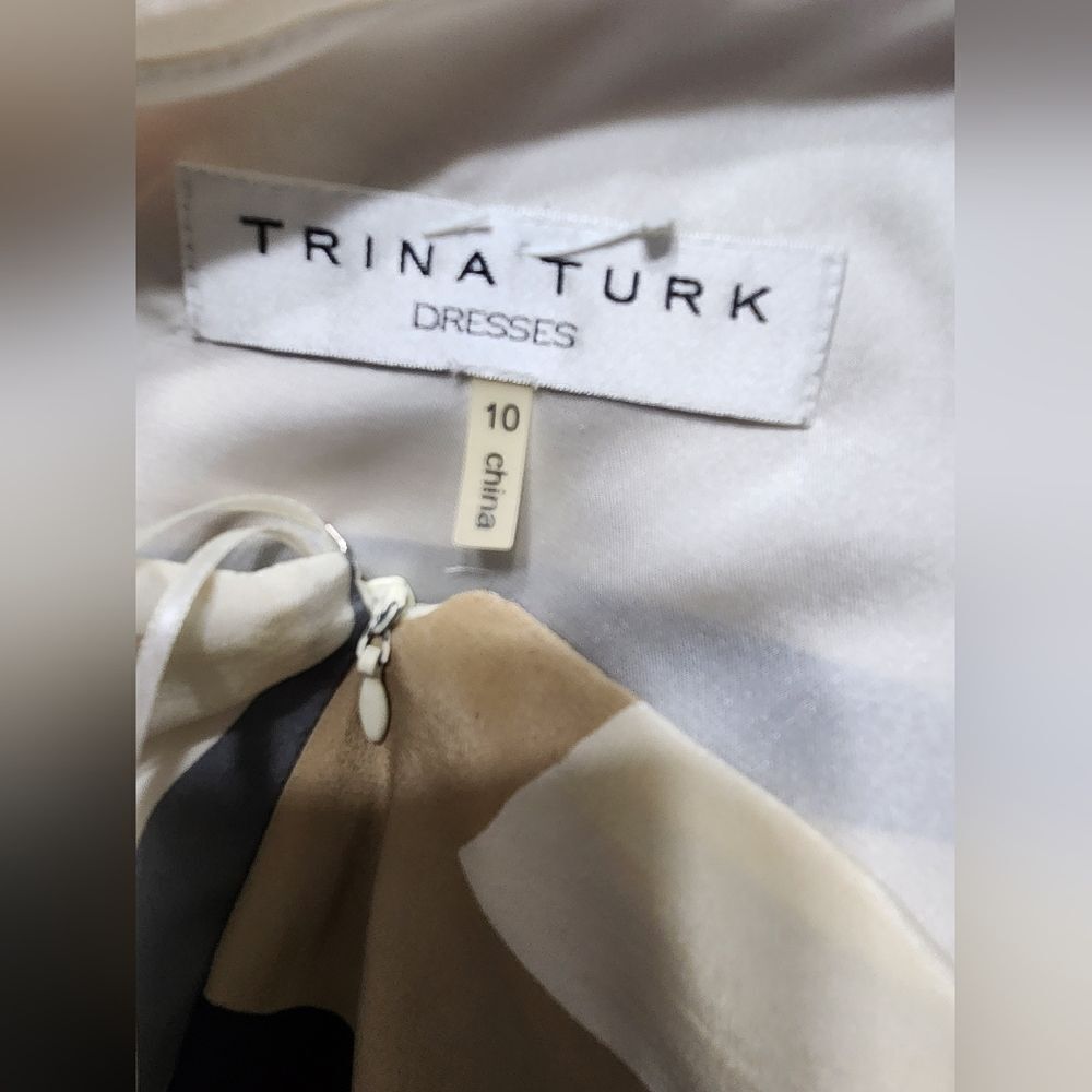 Trina Turk One Shoulder Black Ivory Tan Gray Geometric Silk Dress size 10